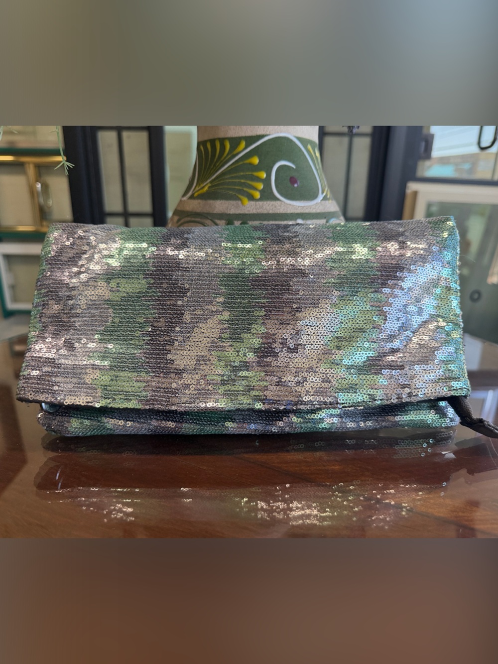 BCBGeneration Iridescent Sequin Foldover Clutch in Green Grey and Silver